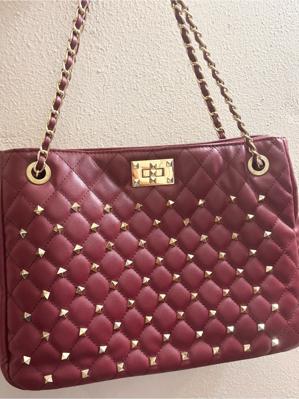 Quilted Studded Shoulder Bag in Deep Burgundy